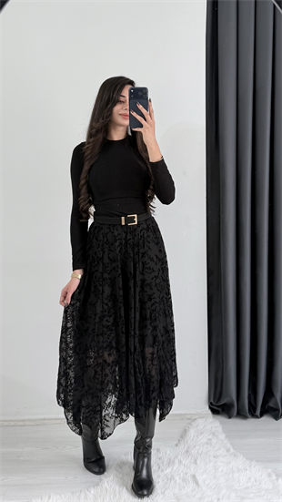 Harle Siyah Flok Baskı Maxi Asimetrik Etek 
