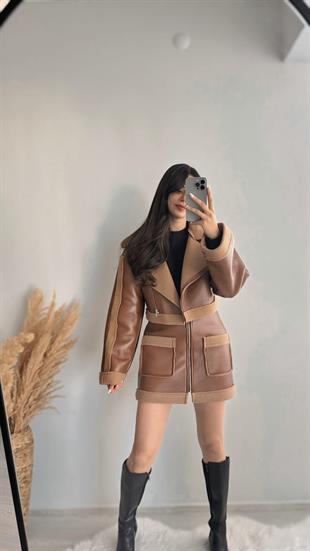 Hoti Deri Teddy Karışımlı Etek Ve Ceket Takım 