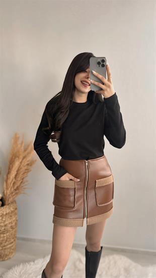 Hotic Deri Teddy Karışımlı Cepli Etek