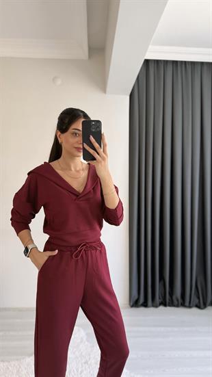 Jasper Oys Modal Kumaş Kapşonlu Takım Bordo