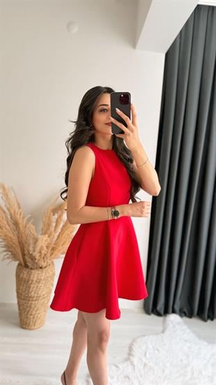 Jerry Kırmızı Volanlı Kolsuz Krep Elbise