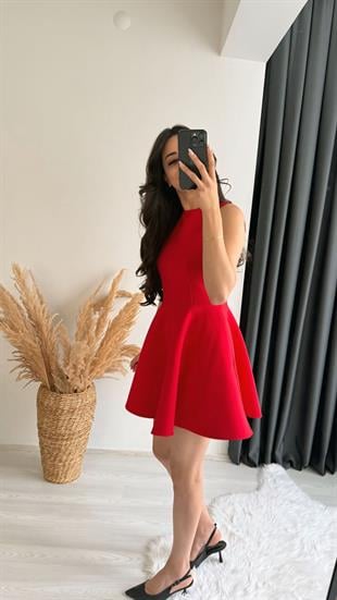 Jerry Kırmızı Volanlı Kolsuz Krep Elbise