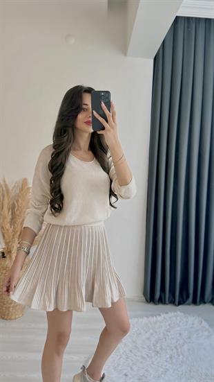 Juno Bej Beli Lastikli Pileli Mini Etek