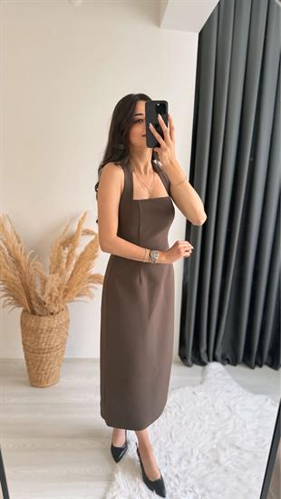 Jupiter Kahve Boyun Askılı Krep Elbise