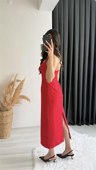 Jupiter Kırmızı Boyun Askılı Krep Elbise