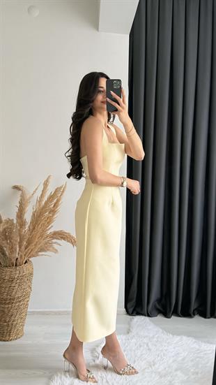 Jupiter Sarı Boyun Askılı Krep Elbise