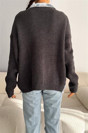 Kadın Antrasit Kolları Ve Cebi Trikolu Oversize Denim Kot Ceket
