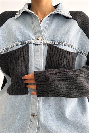 Kadın Antrasit Kolları Ve Cebi Trikolu Oversize Denim Kot Ceket