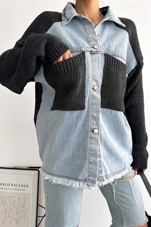 Kadın Antrasit Kolları Ve Cebi Trikolu Oversize Denim Kot Ceket