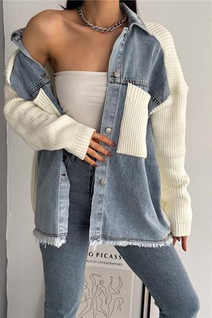 Kadın Beyaz Kolları Ve Cebi Trikolu Oversize Denim Kot Ceket