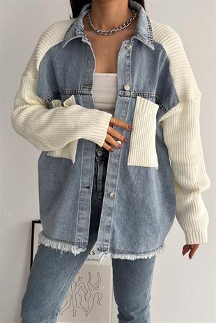 Kadın Beyaz Kolları Ve Cebi Trikolu Oversize Denim Kot Ceket