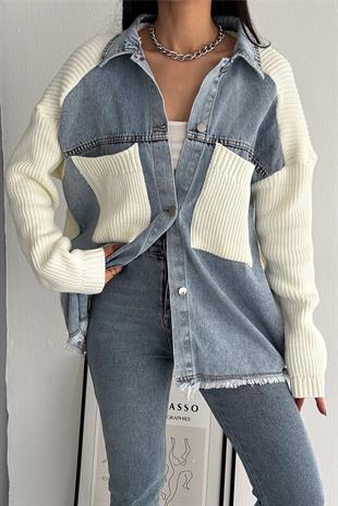 Kadın Beyaz Kolları Ve Cebi Trikolu Oversize Denim Kot Ceket