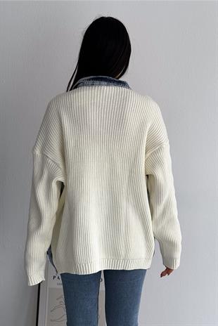 Kadın Beyaz Kolları Ve Cebi Trikolu Oversize Denim Kot Ceket