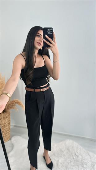 Kemerli Atlas Kumaş Lüks Kalite Siyah Pantalon