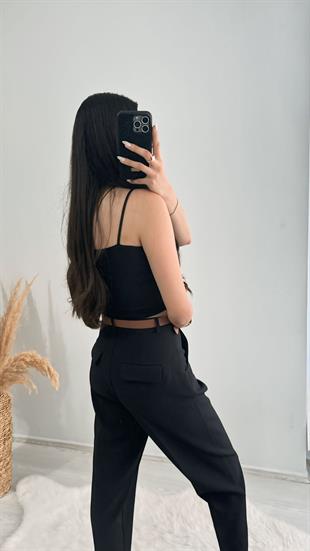 Kemerli Atlas Kumaş Lüks Kalite Siyah Pantalon