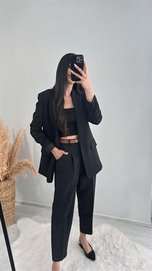 Kemerli Atlas Kumaş Lüks Kalite Siyah Pantalon