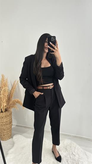 Kemerli Atlas Kumaş Lüks Kalite Siyah Pantalon