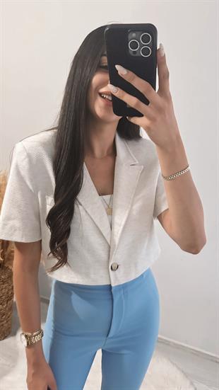 Keten Crop Blazer Ceket Kemik