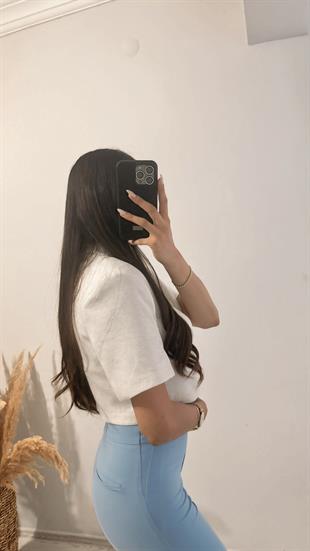 Keten Crop Blazer Ceket Kemik