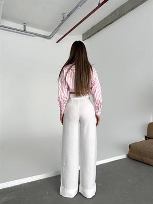 Keten Kumaş Kemerli Palazzo Pantalon Beyaz