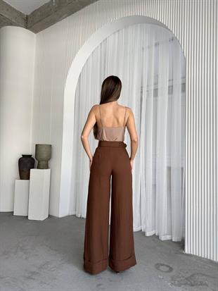 Keten Kumaş Kemerli Palazzo Pantalon Kahverengi 