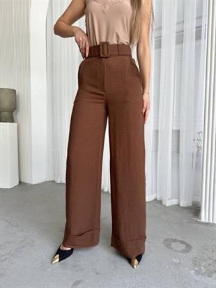 Keten Kumaş Kemerli Palazzo Pantalon Kahverengi 