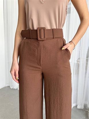 Keten Kumaş Kemerli Palazzo Pantalon Kahverengi 