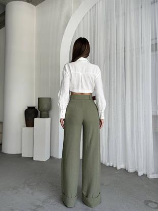 Keten Kumaş Kemerli Palazzo Pantalon Yeşil