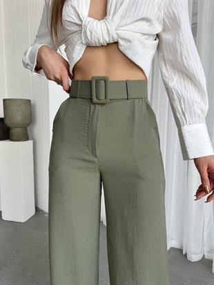 Keten Kumaş Kemerli Palazzo Pantalon Yeşil
