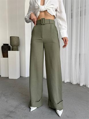 Keten Kumaş Kemerli Palazzo Pantalon Yeşil