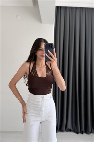 Kindy Kahverengi Dantel Detaylı Bodysuit