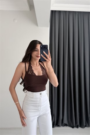 Kindy Kahverengi Dantel Detaylı Bodysuit
