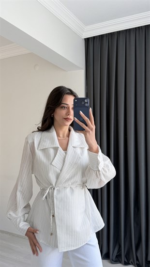 Kylie Premium Seri Vatkalı Kruvaze Tensel Bluz Ekru Çizgili