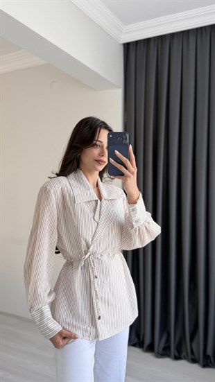 Kylie Premium Seri Vatkalı Kruvaze Tensel Bluz Kahverengi Çizgili