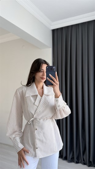 Kylie Premium Seri Vatkalı Kruvaze Tensel Bluz Kahverengi Çizgili