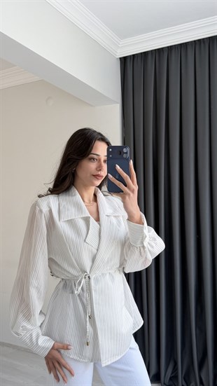 Kylie Premium Seri Vatkalı Kruvaze Tensel Bluz Ekru Çizgili
