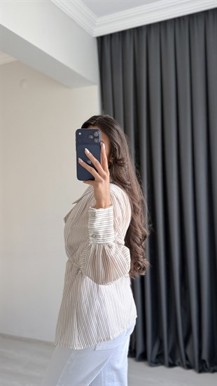 Kylie Premium Seri Vatkalı Kruvaze Tensel Bluz Kahverengi Çizgili