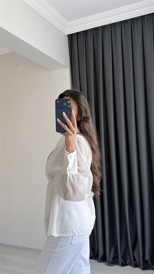 Kylie Premium Seri Vatkalı Kruvaze Tensel Bluz Ekru Çizgili