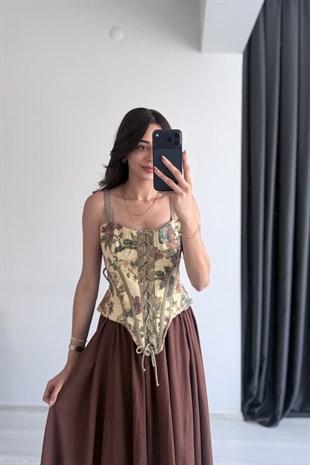 Labella Çiçekli Kahve Askılı Korse 