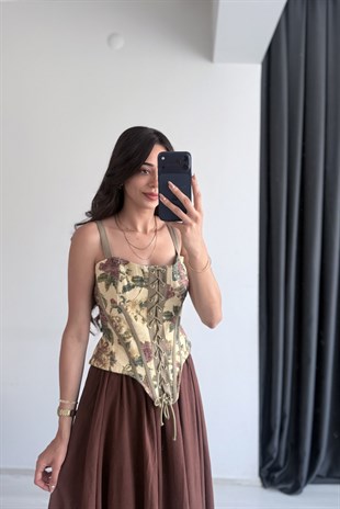 Labella Çiçekli Kahve Askılı Korse 