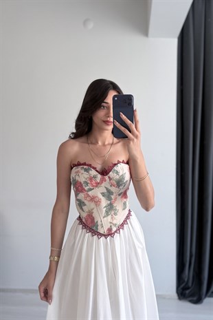 Labella Çiçekli Kırmızı Dantelli Korse 