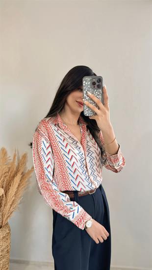 Lali Etnik Çizim Desenli Gömlek Kırmızı-Mavi