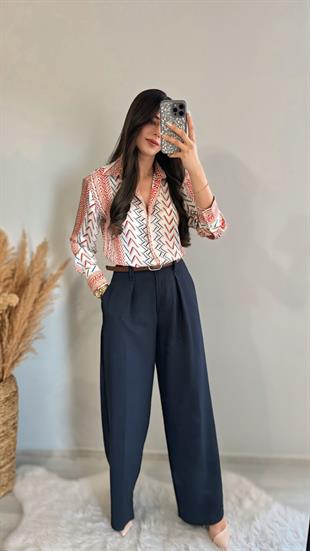 Lali Etnik Çizim Desenli Gömlek Kırmızı-Mavi