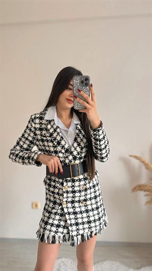 Lana Püsküllü Kemerli Ekose Ceket Elbise