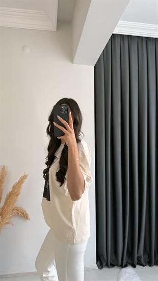 Laura Baskılı Pamuklu  Basic Tshirt Bej