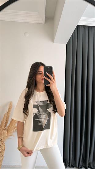 Laura Baskılı Pamuklu  Basic Tshirt Bej