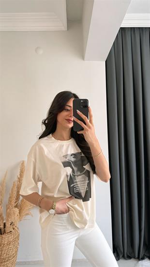 Laura Baskılı Pamuklu  Basic Tshirt Bej