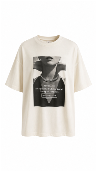 Laura Baskılı Pamuklu  Basic Tshirt Bej