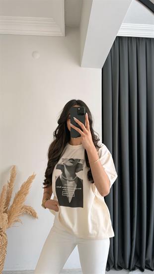 Laura Baskılı Pamuklu  Basic Tshirt Bej