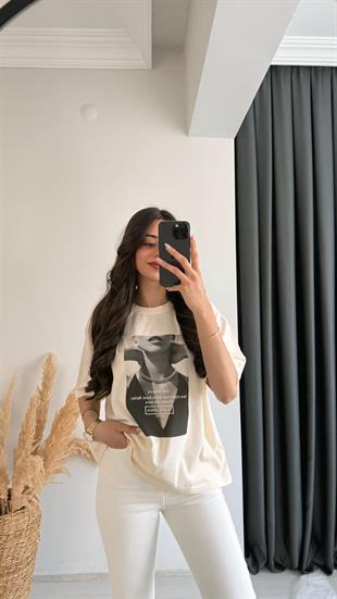 Laura Baskılı Pamuklu  Basic Tshirt Bej